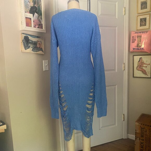 Love by CHESLEY Blue Cable-knit Light weight RIPPED Sweater Dress PUNK *SMALL* - Picture 4 of 7